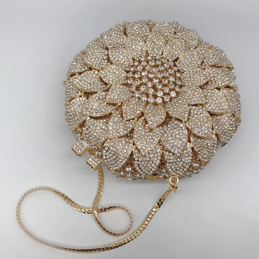 Gold Silver Rhinestone Metal Flower Round Evening Bags