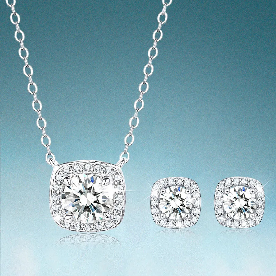 Moissanite Earrings Necklace White Gold Plated Earrings Necklace