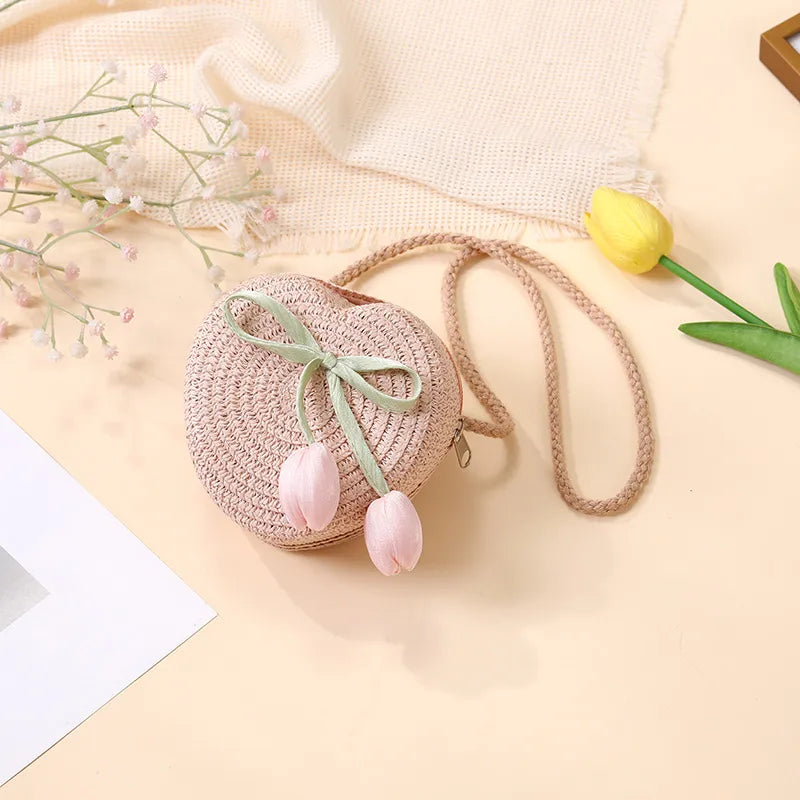 Summer Beach Seaside Tulip Straw Woven Bag  New Children Flower Straw Bag Mobile Phone Crossbody Bag