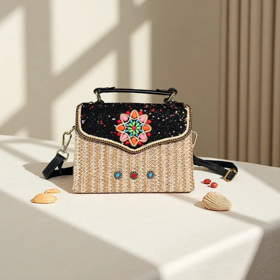 Bohemian Style Rice Bead Rattan Crossbody Bag, Lightweight, Can Hold Mobile Phone, Keys, Lipstick, Holiday Style Handbag