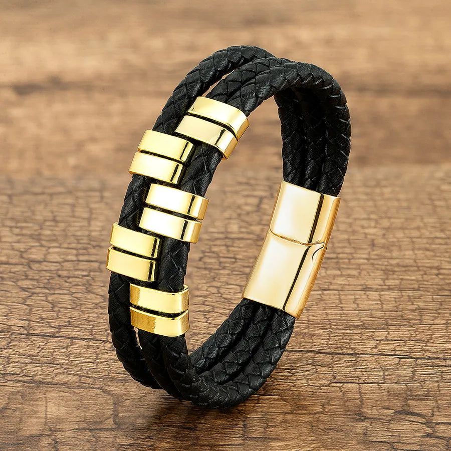 Vintage Style Exaggerated Punk Geometric Leather rope Metal Layered Handmade Metal Button Men's Bangle