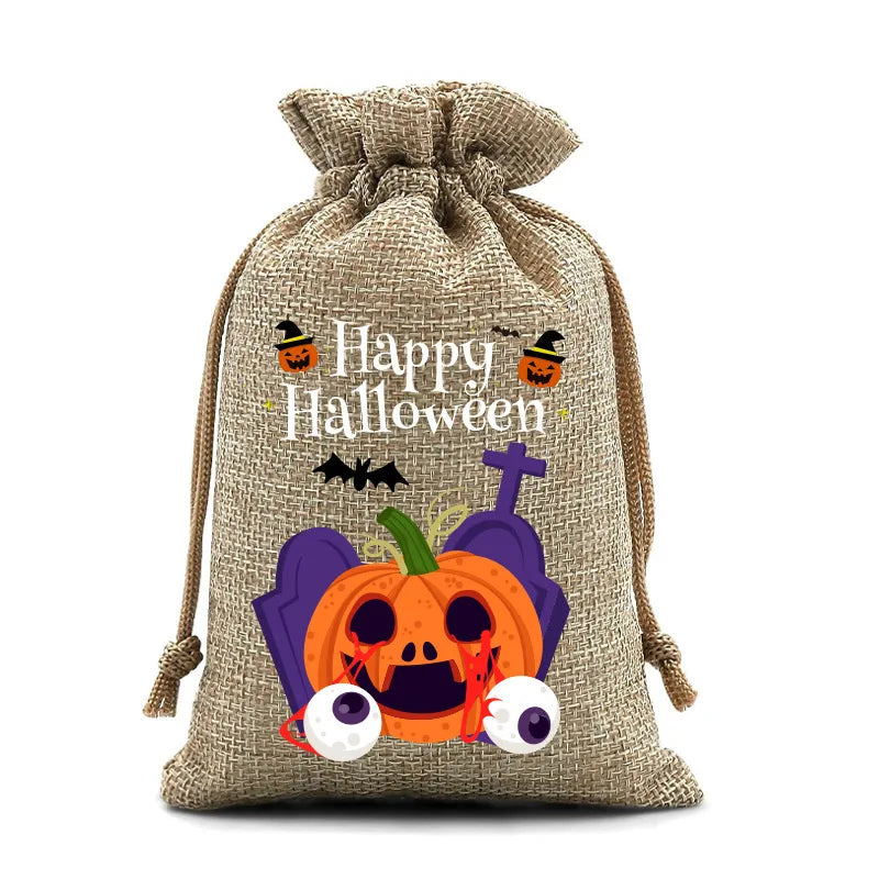 2025 New Halloween Linen Drawstring Gift Bag Pumpkin Shaped Sealed Mouth Bag Cartoon Style Heat Transfer Process Ladies Handbag