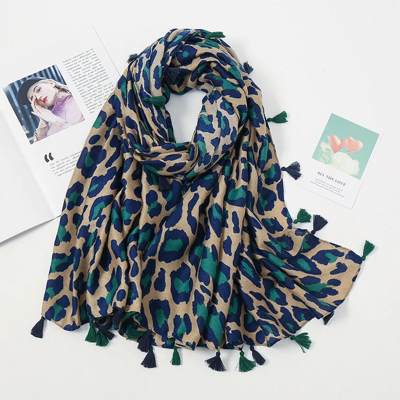 women's streetwear leopard cotton tassel scarf