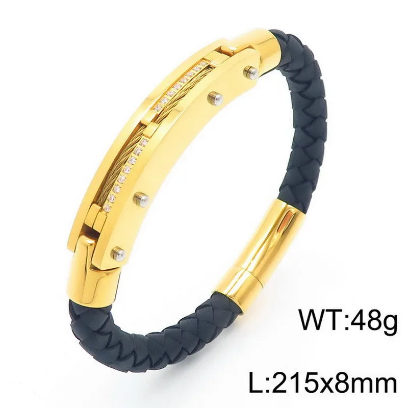 Hip-Hop Retro Color Block Pu Leather Titanium Steel Inlay Zircon 18K Gold Plated Men's Bangle