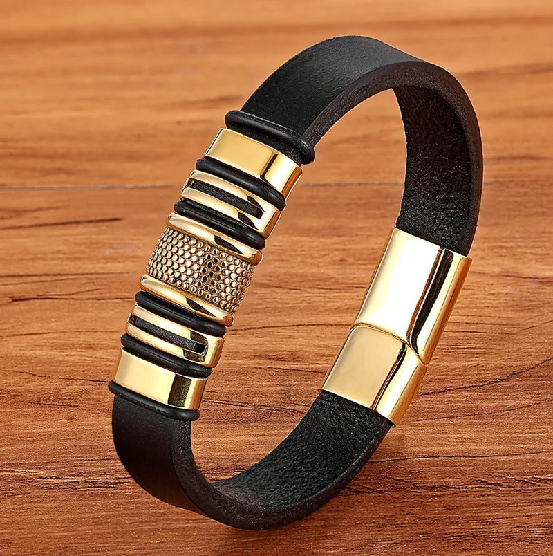 Vintage Style Geometric Pu Leather Titanium Steel Woven Chain Wrap Bracelets Wholesale