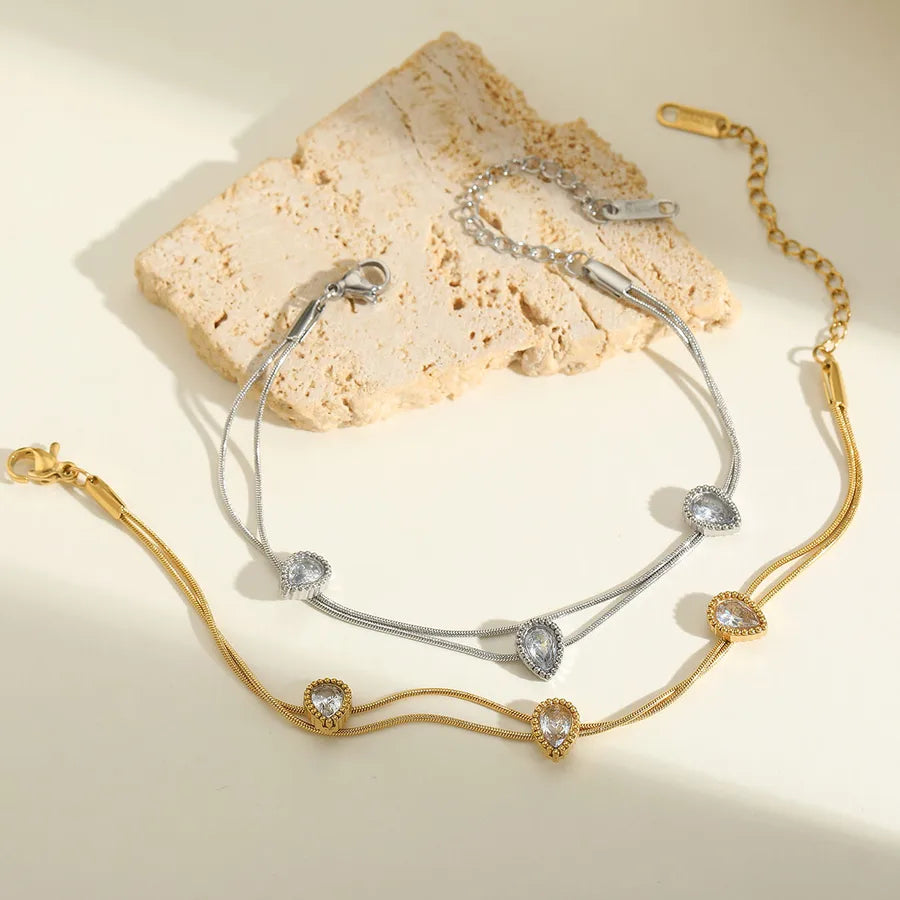 Cute Basic Lady Oval Solid Color 304 Stainless Steel 18K Gold Plated Zircon snake chain Double-Layer Bracelet Multi Charms Bracelet In Bulk