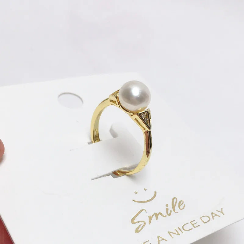 925 half silver fashion simple pearl ring natural freshwater pearl ring copper gold plated live supply wholesale
