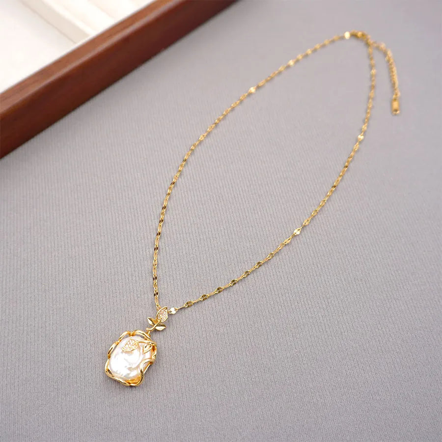 304 Stainless Steel Freshwater Pearl Copper Vacuum Plating Beaded Chain cable chain Leaves Pendant Necklace