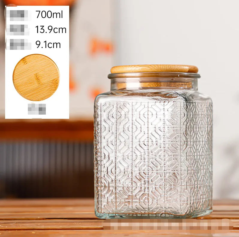 Glass Embossed Glass Sealed Jar Square Storage Jar Snack Dried Fruit Storage Jar Kitchen Household Glass Jar Vintage