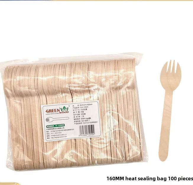 160mm disposable fork spoon Wood environmentally friendly degradable milk tea cold drink tasting takeaway spoon fast food 100