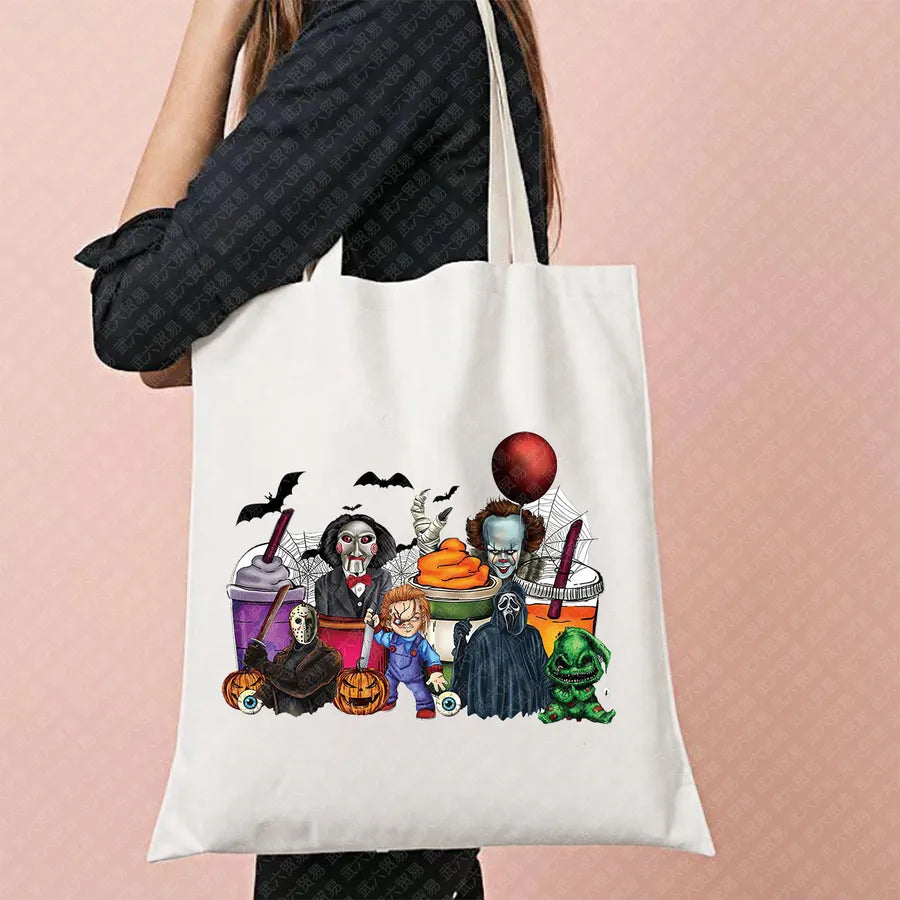 Scary Cat Halloween Pumpkin Pattern Canvas Tote Bag Reusable Shopping Bag Large Square Shape Double Shoulder Strap Tote Bag