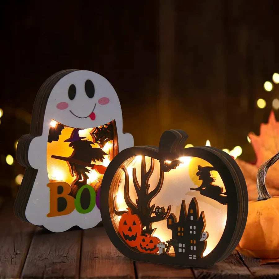 Wooden Glowing Pumpkin Lanterns Halloween Decorations Tabletop Accessories Party Centerpiece Simple Style Yellow Pine Wood