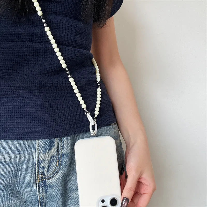 Handmade Short Pearl Letter Phone Case Chain New Butterfly Knot Diy Women's Chain Accessories Elegant Simplicity Mobile Cover