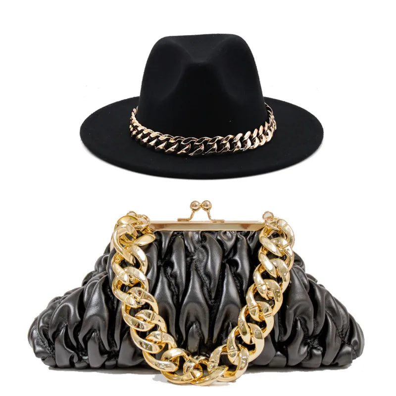 women's british style solid color chain flat eaves fedora hat