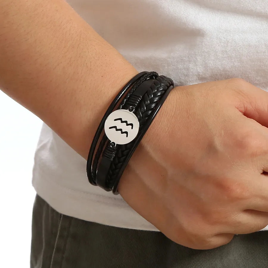 Simple Style Constellation 316 Stainless Steel  Pu Leather Layered Men's Bangle