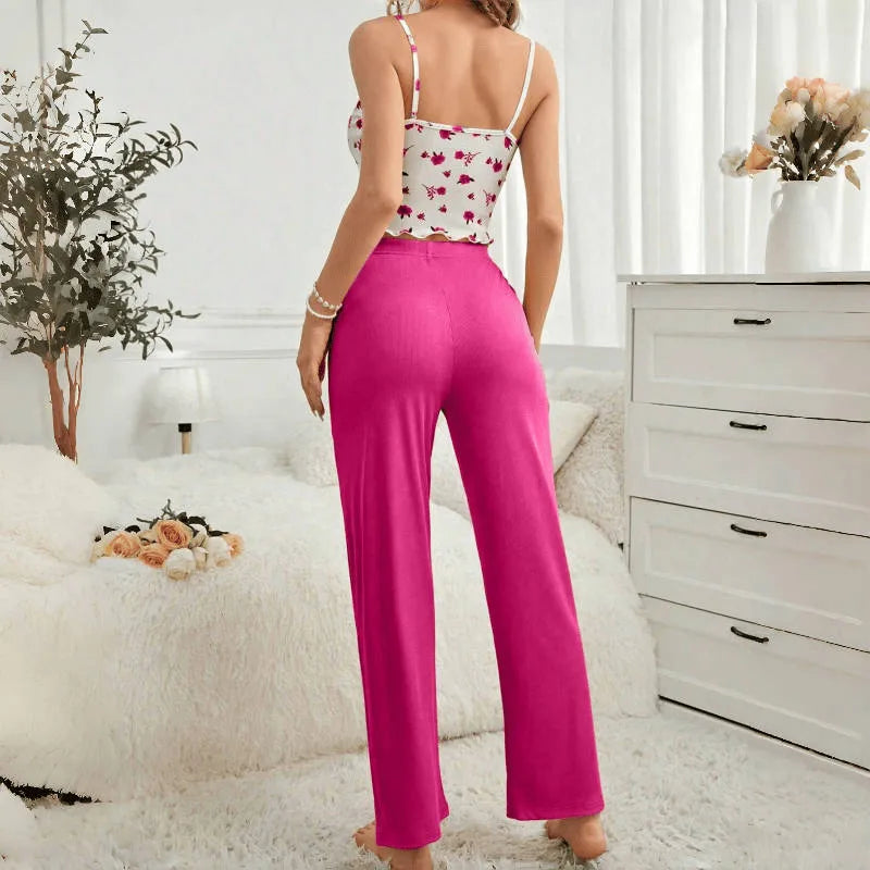 Ladies Casual Comfortable Floral Print Sleepwear Set Long Pants Outwear Suitable Home Hotel Bathing Outdoor Polyester Knitted Wear
