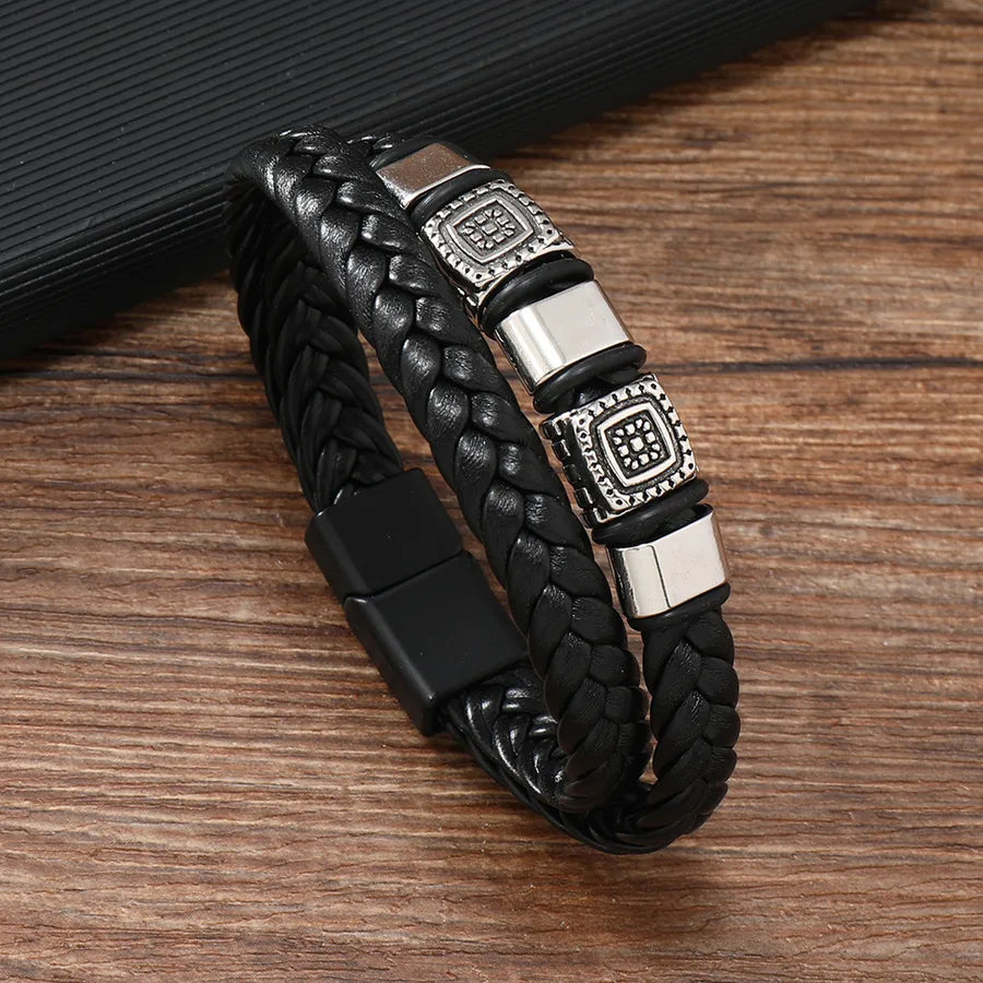 Classic Style Solid Color Pu Leather Alloy Irregular Men's Bangle Men Cord & Leather Bracelets
