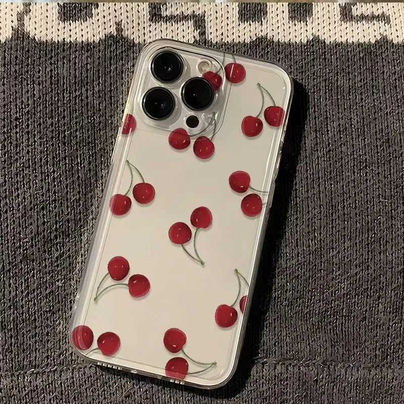 Thickened Transparent Protective Phone Case For iPhone 16 Pro Max Cherry Design Simple Style Anti-Fall Apple 15 Compatible
