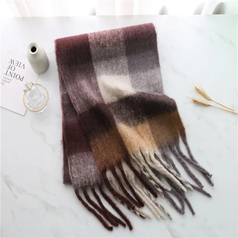 women's casual plaid imitation cashmere tassel scarf