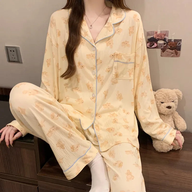 Spring Edition Pleated Fabric Sleepwear Long Sleeve Home Clothes Set For Women Sweet Cute Style Casual Breathable Polyester Milk Silk