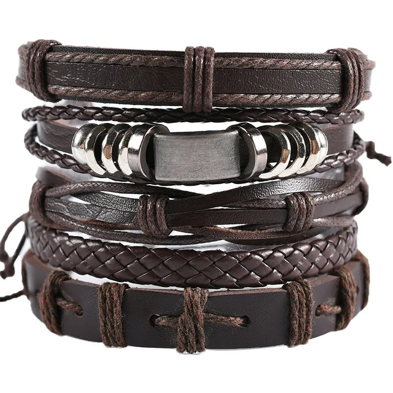 Retro Men's Bracelet 5 Pack Cross Woven Leather Adjustable Set Bracelet Bracelet Wholesale