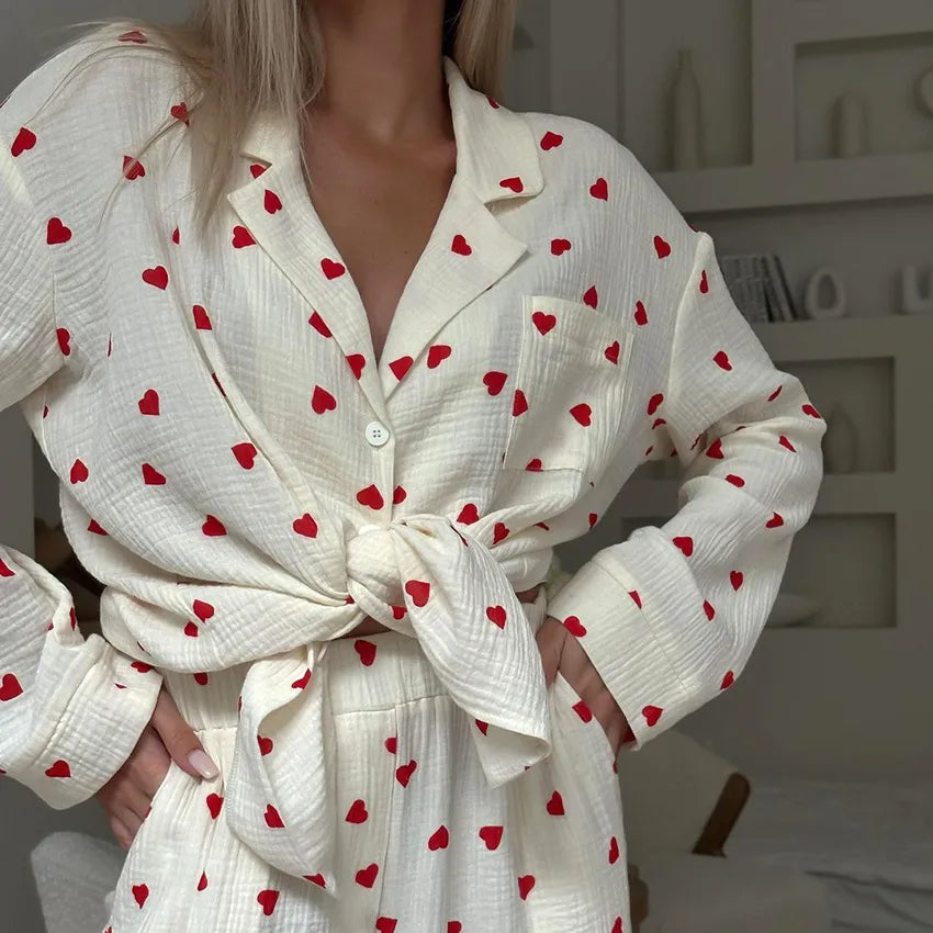 Home Outdoor Women's Sweet Heart Shape Cotton Pants Sets Pajama Sets