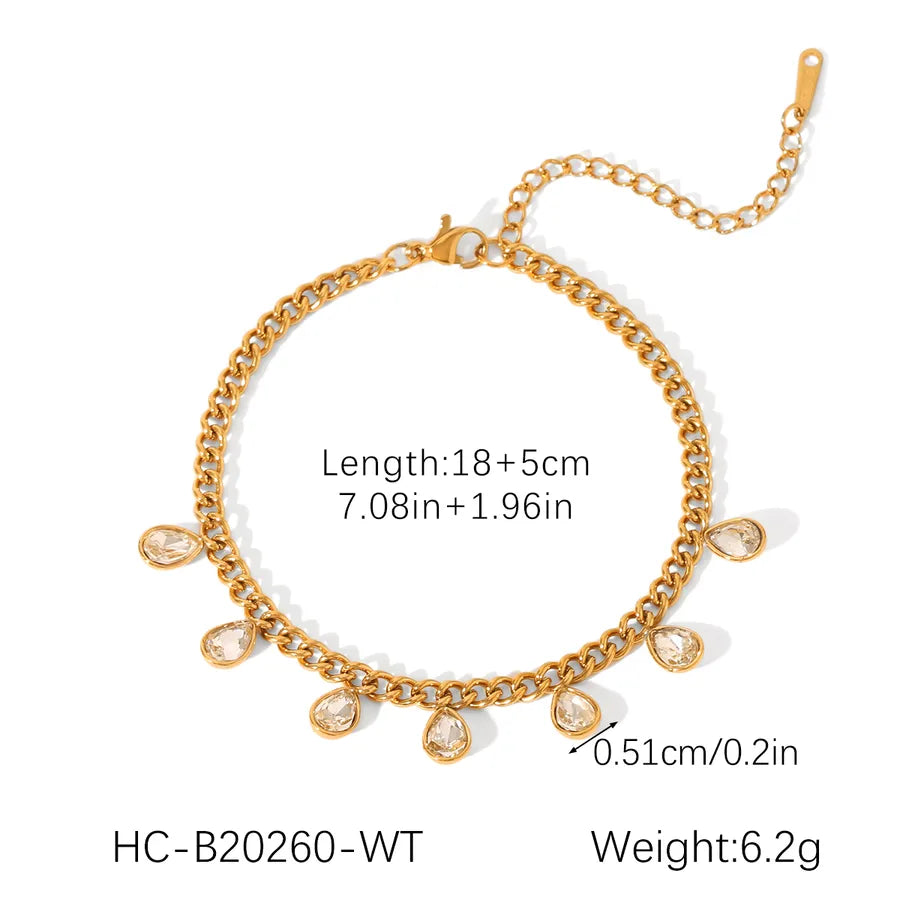 Casual Commute Water Droplets 304 Stainless Steel 18K Gold Plated Zircon cable chain Bracelets In Bulk