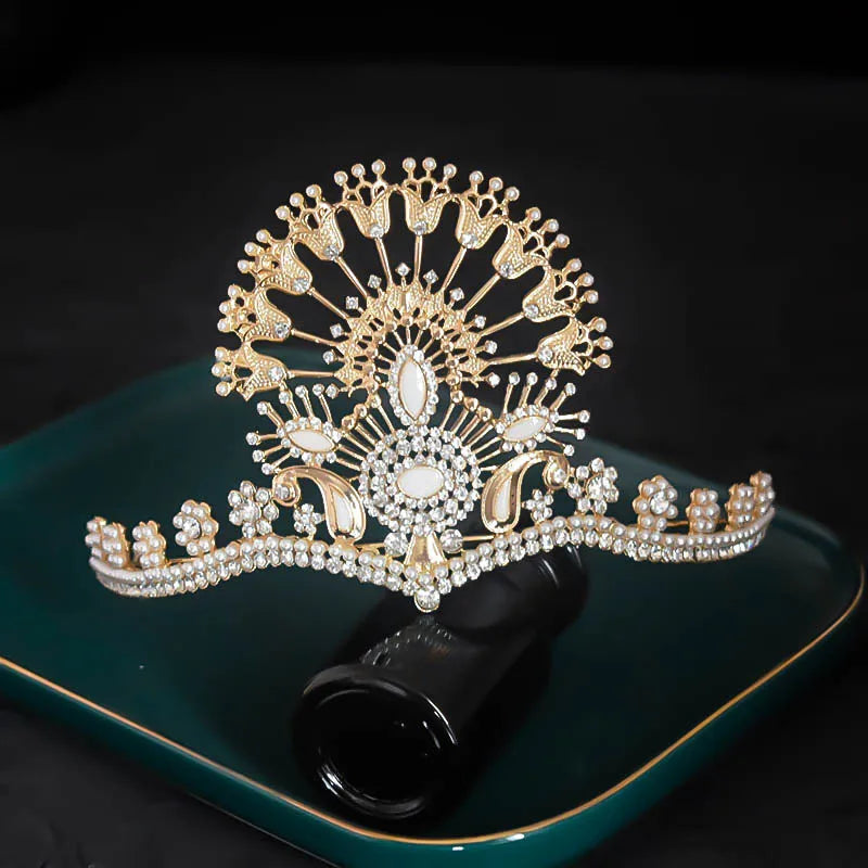 luxurious geometric alloy plating artificial pearls rhinestones crown