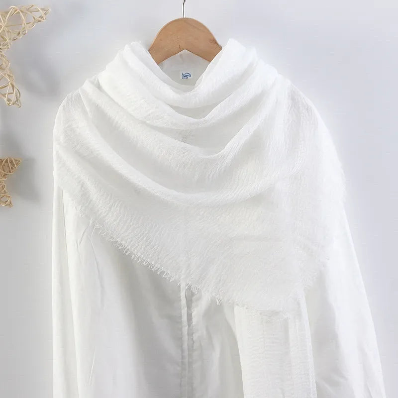 Hot selling solid color pleated cotton and linen scarf  women's bag headscarf crumpled hair fringe bubble scarf women's scarf cover head