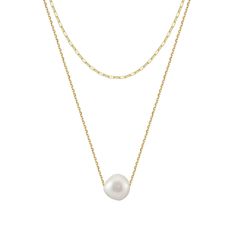 925 Sterling Silver Freshwater Pearl cable chain Plating Geometric Double Layer Necklaces Pendant Necklace Necklace
