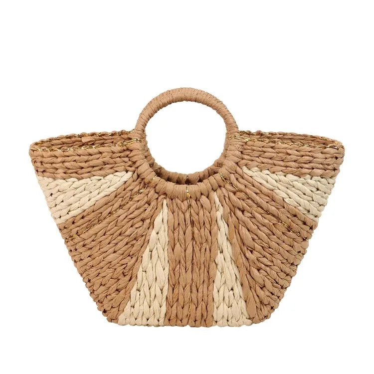 Women's Straw Color Block Vacation Bucket Open Handbag