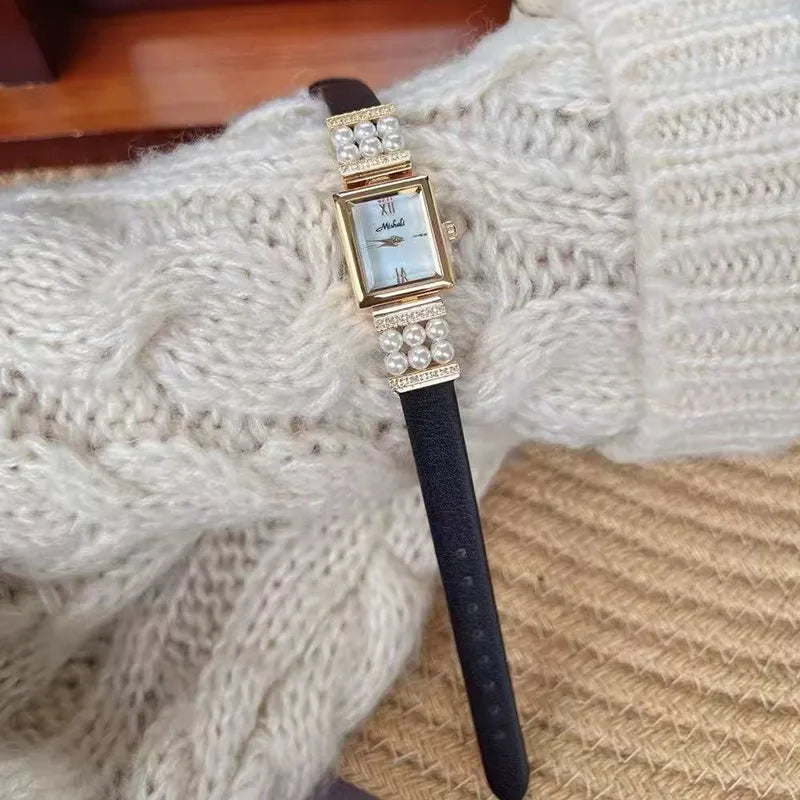 Luxurious Pearl Women's Watch Genuine Leather Strap Quartz Movement Square Face Fashionable Minimalist Design New  Model