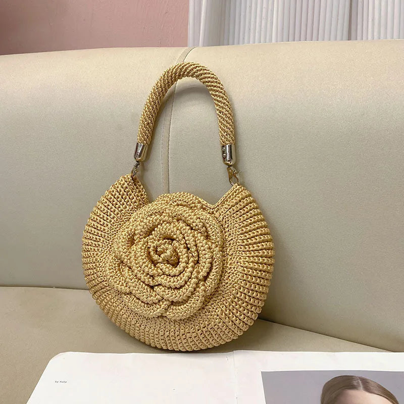 Women's Small cotton and linen Flower Streetwear Flowers Round Magnetic Buckle Straw Bag