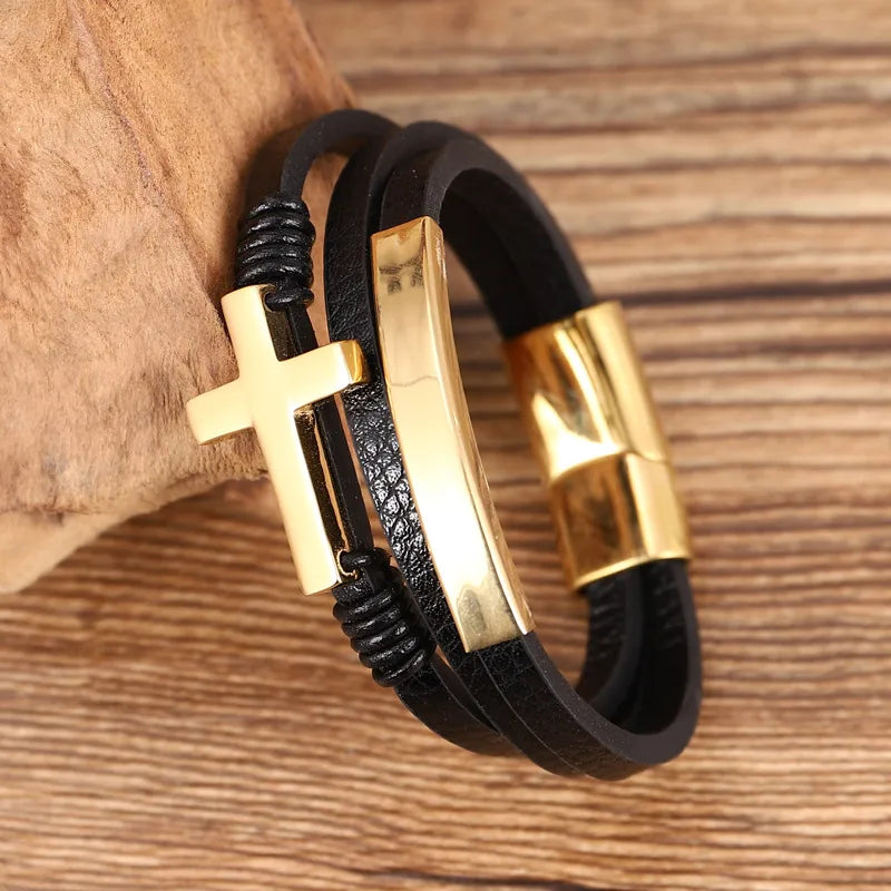 retro cross stainless steel pu leather men's bracelets 1 piece