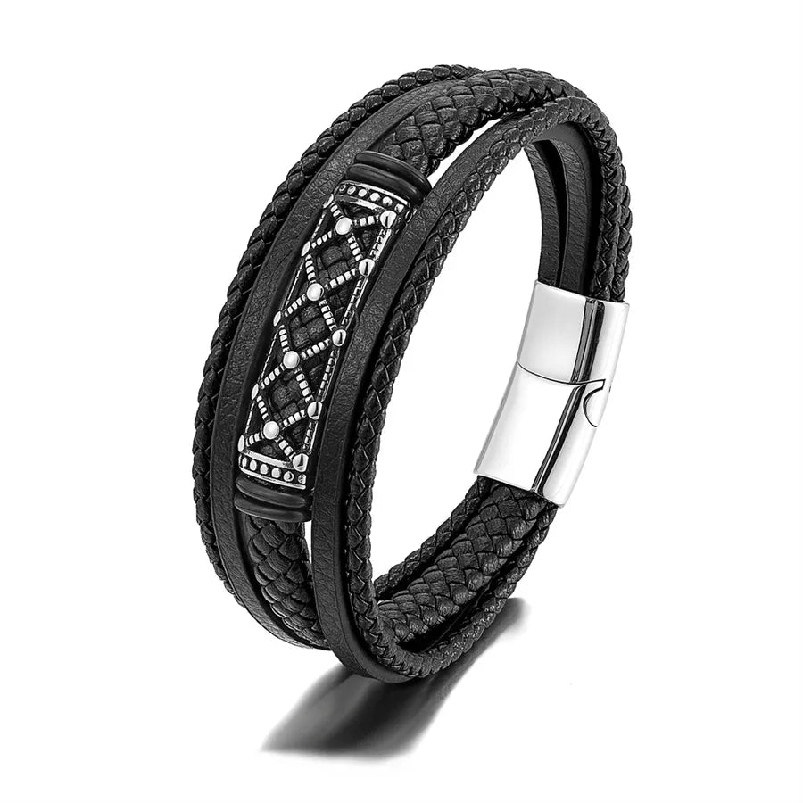 New Fashion Multi-Layer Leather Cord Bracelet Retro Men's Stainless Steel Leather Bracelet Punk Jewelry