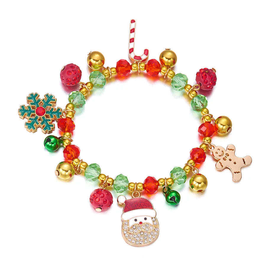 Christmas Themed Elastic Bracelet Set Santa Claus Snowflake Pendant Beaded Style Hand Chain Festive Jewelry Accessory