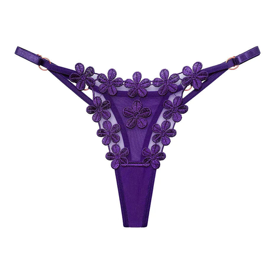 flower embroidered mesh breathable adjustable thin band g-string