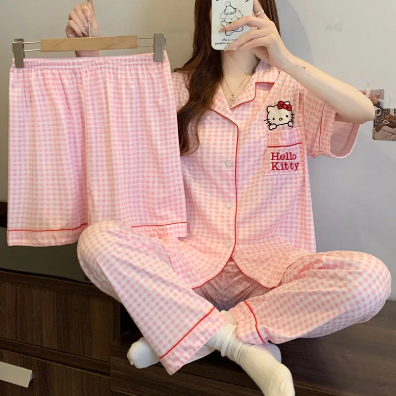 Sweet Heart Plaid Long Sleeve Sleepwear Set Women's Home Clothes Spring Autumn Season Polyester Milk Silk Thin Breathable Casual