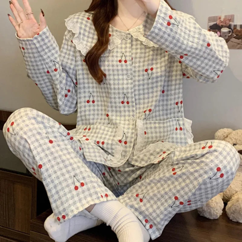 Sweet Cherry Cloud Cotton Long Sleeve Spring Home Clothes Set For Girls Comfortable Breathable Sleepwear Casual Style