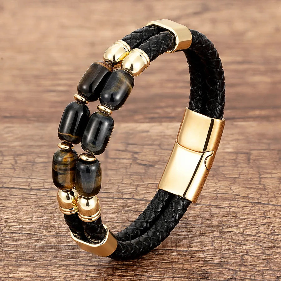punk classic style cool style color block oval stone metal handmade braid men's bracelets