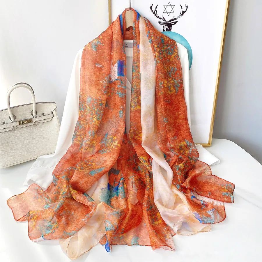 Women's Elegant Printing Polyester Chiffon Silk Scarf