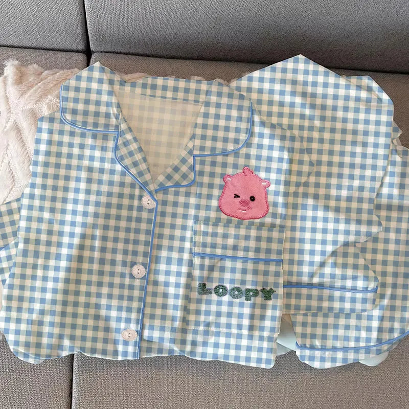 Sweet Heart Plaid Long Sleeve Sleepwear Set Women's Home Clothes Spring Autumn Season Polyester Milk Silk Thin Breathable Casual