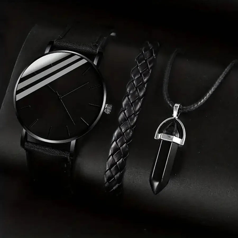 Men's watch and 1 piece exquisite leather bracelet plus 1 piece bullet ornament necklace