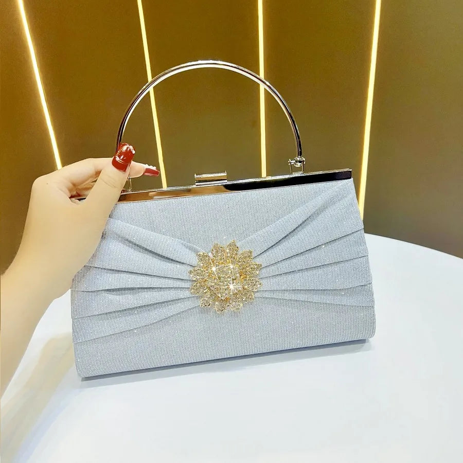 Elegant Dinner Party Handbag Shoulder Bag Polyester Square Shape Mobile Phone Wallet Folded Design Chain Diamond Embellished