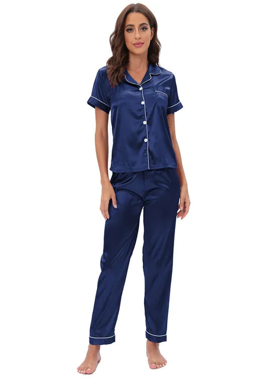 Middle East Europe Women's Home Clothes Two-Piece Set Color Silk Set Sleepwear Casual Luxury Summer Polyester Fabric