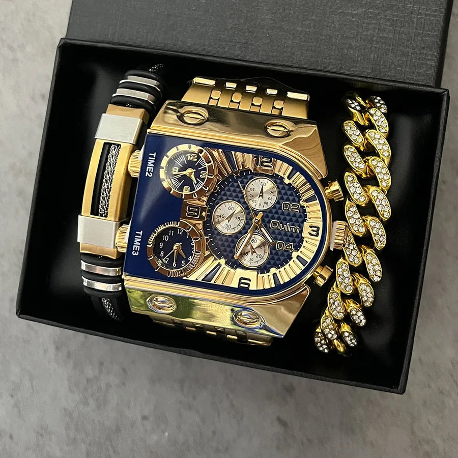 Business Color Block Folding Buckle Quartz Men's Watches Gift Set