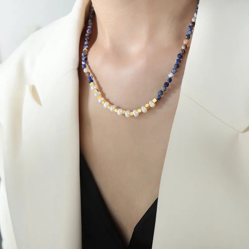 elegant color block natural stone freshwater pearl turquoise  beaded plating 18k gold plated necklace