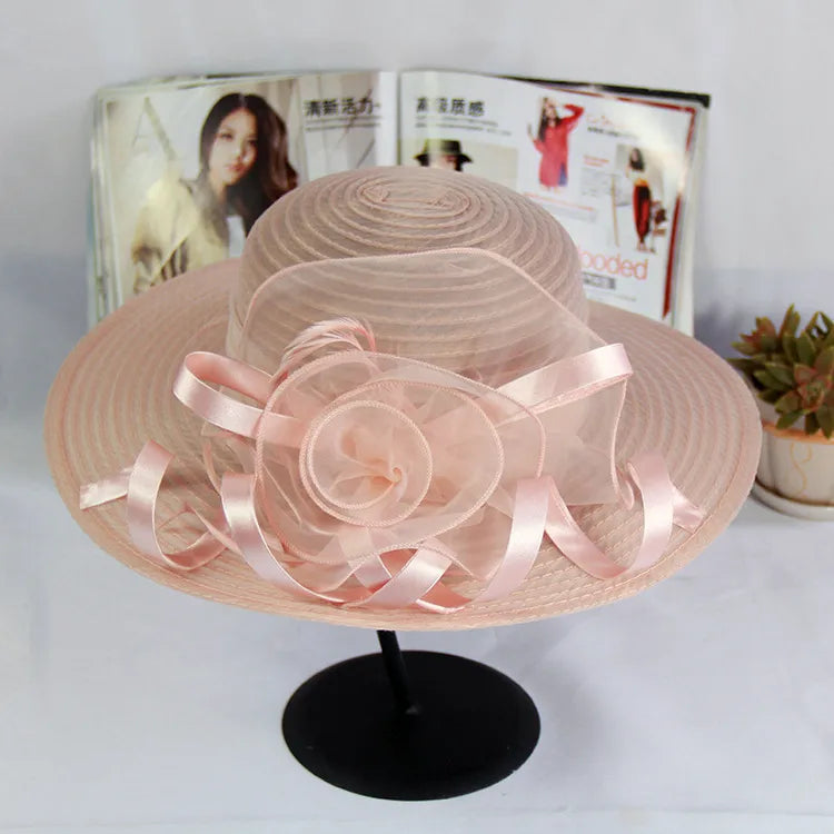 women's vacation solid color gauze flower wide eaves straw hat