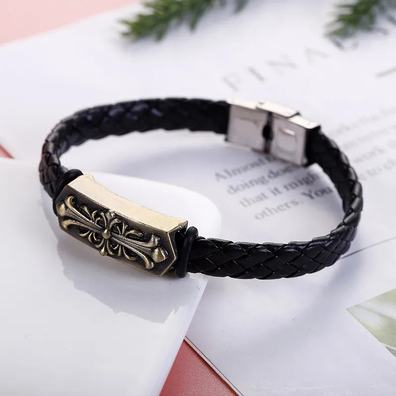 Business Hip-Hop Solid Color 304 Stainless Steel Pu Leather Alloy Men's Bangle Men Cord & Leather Bracelets