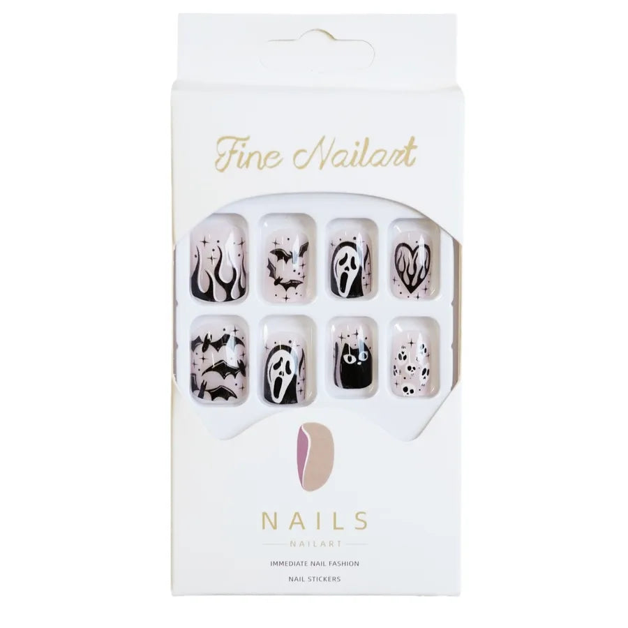 24 pcs/box Wholesale Ghost Black Cat Patterned Nails Short Halloween Press on Nail